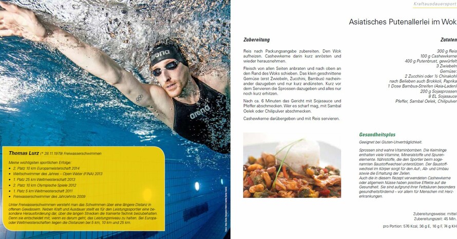 Das Sportlerrezept von Weltmeister Thomas Lurz ist Asiatisches Putenallerlei im Wok. Foto: Screenshot der Broschüre.